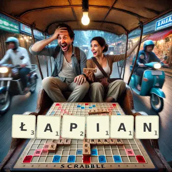 Kreatywna ilustracja do gry w Scrabble ze słowem ŁAPIAN ułożonym z płytek na planszy.