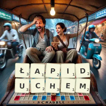 Kreatywna ilustracja do gry w Scrabble ze słowem ŁAPIDUCHEM ułożonym z płytek na planszy.