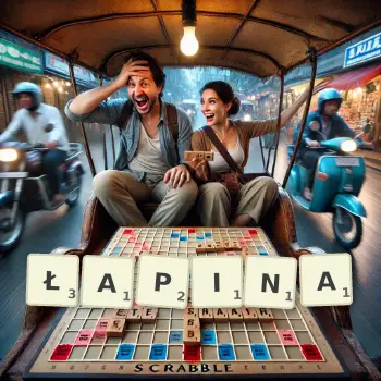 Kreatywna ilustracja do gry w Scrabble ze słowem ŁAPINA ułożonym z płytek na planszy.