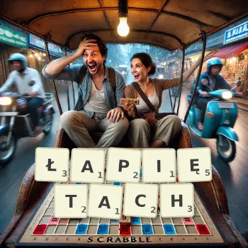 Kreatywna ilustracja do gry w Scrabble ze słowem ŁAPIĘTACH ułożonym z płytek na planszy.