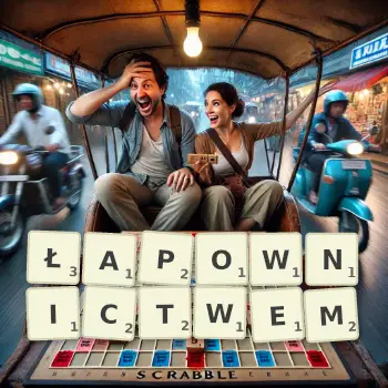 Kreatywna ilustracja do gry w Scrabble ze słowem ŁAPOWNICTWEM ułożonym z płytek na planszy.