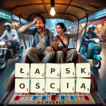 Kreatywna ilustracja do gry w Scrabble ze słowem ŁAPSKOŚCIĄ ułożonym z płytek na planszy.