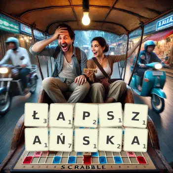 Kreatywna ilustracja do gry w Scrabble ze słowem ŁAPSZAŃSKA ułożonym z płytek na planszy.