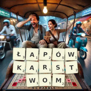 Kreatywna ilustracja do gry w Scrabble ze słowem ŁAPÓWKARSTWOM ułożonym z płytek na planszy.