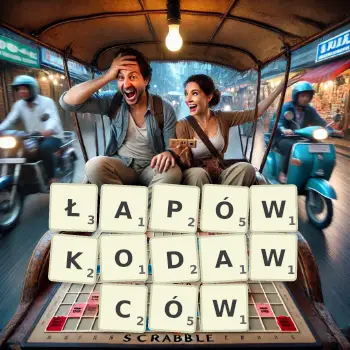 Kreatywna ilustracja do gry w Scrabble ze słowem ŁAPÓWKODAWCÓW ułożonym z płytek na planszy.