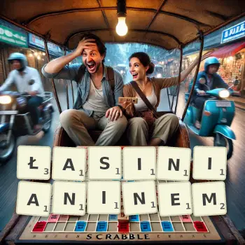 Kreatywna ilustracja do gry w Scrabble ze słowem ŁASINIANINEM ułożonym z płytek na planszy.