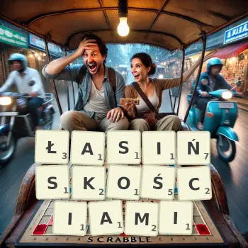 Kreatywna ilustracja do gry w Scrabble ze słowem ŁASIŃSKOŚCIAMI ułożonym z płytek na planszy.