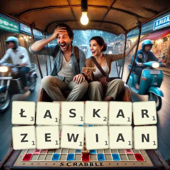 Kreatywna ilustracja do gry w Scrabble ze słowem ŁASKARZEWIAN ułożonym z płytek na planszy.