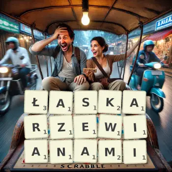 Kreatywna ilustracja do gry w Scrabble ze słowem ŁASKARZEWIANAMI ułożonym z płytek na planszy.