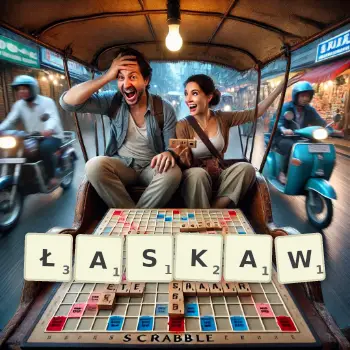 Kreatywna ilustracja do gry w Scrabble ze słowem ŁASKAW ułożonym z płytek na planszy.