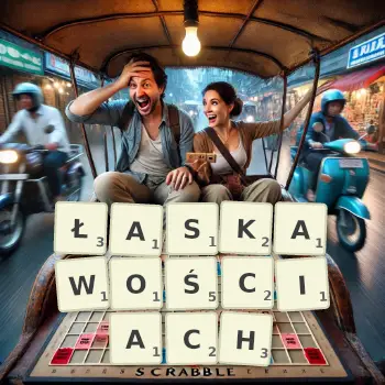 Kreatywna ilustracja do gry w Scrabble ze słowem ŁASKAWOŚCIACH ułożonym z płytek na planszy.