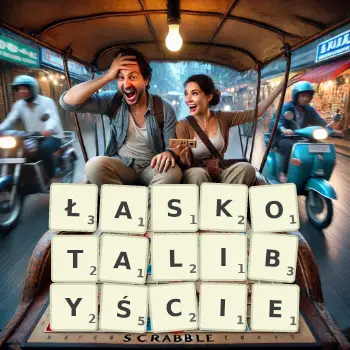 Kreatywna ilustracja do gry w Scrabble ze słowem ŁASKOTALIBYŚCIE ułożonym z płytek na planszy.
