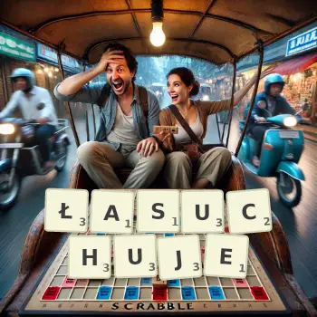 Kreatywna ilustracja do gry w Scrabble ze słowem ŁASUCHUJE ułożonym z płytek na planszy.