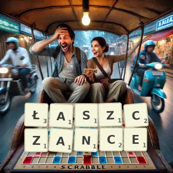Kreatywna ilustracja do gry w Scrabble ze słowem ŁASZCZANCE ułożonym z płytek na planszy.