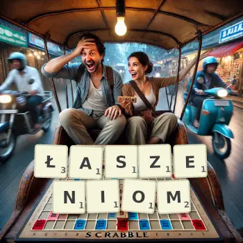 Kreatywna ilustracja do gry w Scrabble ze słowem ŁASZENIOM ułożonym z płytek na planszy.