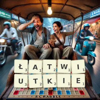 Kreatywna ilustracja do gry w Scrabble ze słowem ŁATWIUTKIE ułożonym z płytek na planszy.