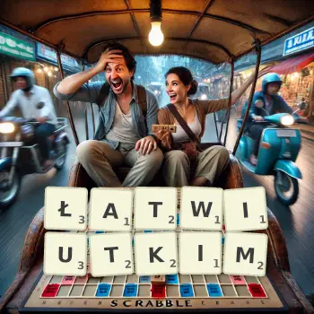 Kreatywna ilustracja do gry w Scrabble ze słowem ŁATWIUTKIM ułożonym z płytek na planszy.