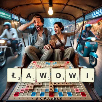 Kreatywna ilustracja do gry w Scrabble ze słowem ŁAWOWI ułożonym z płytek na planszy.