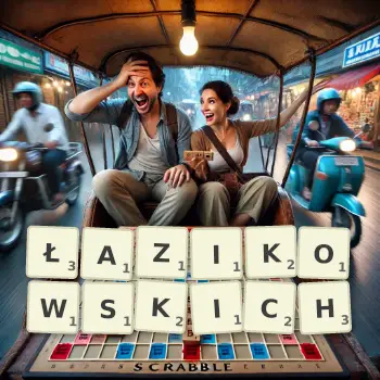 Kreatywna ilustracja do gry w Scrabble ze słowem ŁAZIKOWSKICH ułożonym z płytek na planszy.