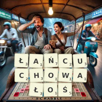 Kreatywna ilustracja do gry w Scrabble ze słowem ŁAŃCUCHOWAŁOŚ ułożonym z płytek na planszy.