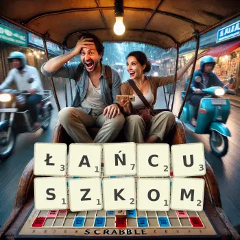 Kreatywna ilustracja do gry w Scrabble ze słowem ŁAŃCUSZKOM ułożonym z płytek na planszy.
