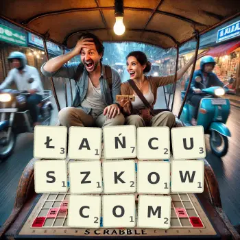Kreatywna ilustracja do gry w Scrabble ze słowem ŁAŃCUSZKOWCOM ułożonym z płytek na planszy.