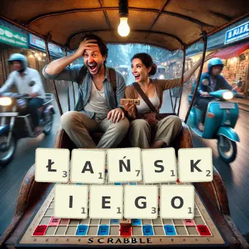Kreatywna ilustracja do gry w Scrabble ze słowem ŁAŃSKIEGO ułożonym z płytek na planszy.