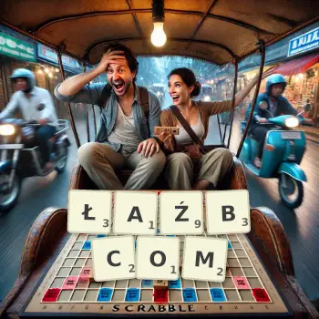 Kreatywna ilustracja do gry w Scrabble ze słowem ŁAŹBCOM ułożonym z płytek na planszy.
