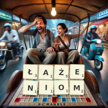 Kreatywna ilustracja do gry w Scrabble ze słowem ŁAŻENIOM ułożonym z płytek na planszy.