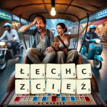 Kreatywna ilustracja do gry w Scrabble ze słowem ŁECHCZCIEŻ ułożonym z płytek na planszy.