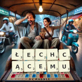 Kreatywna ilustracja do gry w Scrabble ze słowem ŁECHCĄCEMU ułożonym z płytek na planszy.