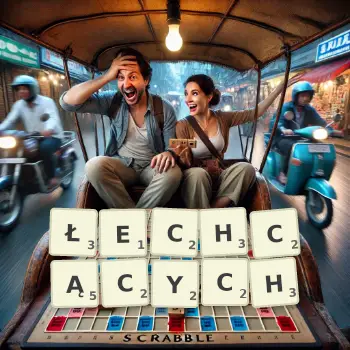 Kreatywna ilustracja do gry w Scrabble ze słowem ŁECHCĄCYCH ułożonym z płytek na planszy.
