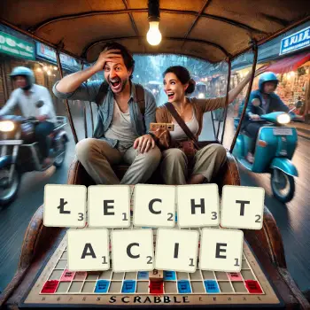 Kreatywna ilustracja do gry w Scrabble ze słowem ŁECHTACIE ułożonym z płytek na planszy.