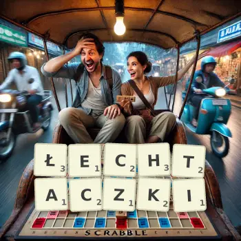 Kreatywna ilustracja do gry w Scrabble ze słowem ŁECHTACZKI ułożonym z płytek na planszy.