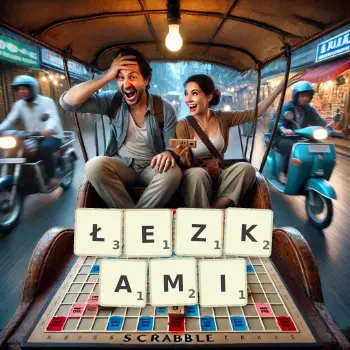 Kreatywna ilustracja do gry w Scrabble ze słowem ŁEZKAMI ułożonym z płytek na planszy.