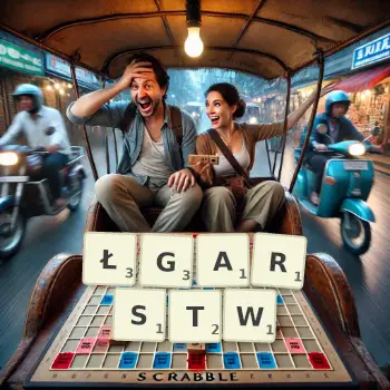 Kreatywna ilustracja do gry w Scrabble ze słowem ŁGARSTW ułożonym z płytek na planszy.