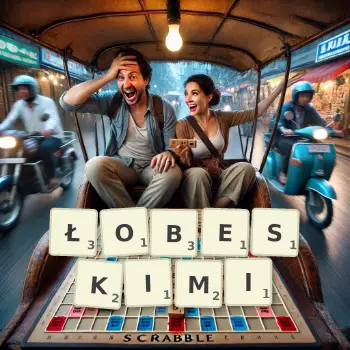 Kreatywna ilustracja do gry w Scrabble ze słowem ŁOBESKIMI ułożonym z płytek na planszy.