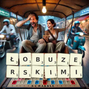 Kreatywna ilustracja do gry w Scrabble ze słowem ŁOBUZERSKIMI ułożonym z płytek na planszy.