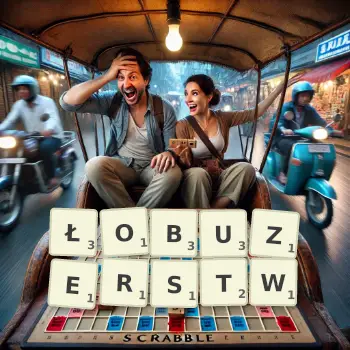 Kreatywna ilustracja do gry w Scrabble ze słowem ŁOBUZERSTW ułożonym z płytek na planszy.