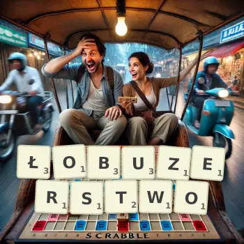 Kreatywna ilustracja do gry w Scrabble ze słowem ŁOBUZERSTWO ułożonym z płytek na planszy.