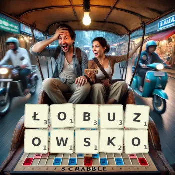 Kreatywna ilustracja do gry w Scrabble ze słowem ŁOBUZOWSKO ułożonym z płytek na planszy.