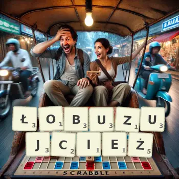 Kreatywna ilustracja do gry w Scrabble ze słowem ŁOBUZUJCIEŻ ułożonym z płytek na planszy.