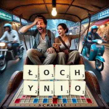 Kreatywna ilustracja do gry w Scrabble ze słowem ŁOCHYNIO ułożonym z płytek na planszy.