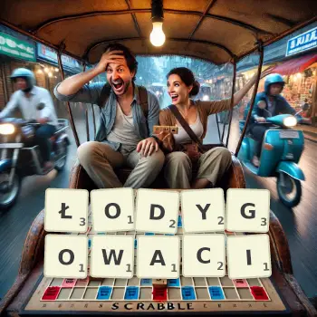 Kreatywna ilustracja do gry w Scrabble ze słowem ŁODYGOWACI ułożonym z płytek na planszy.