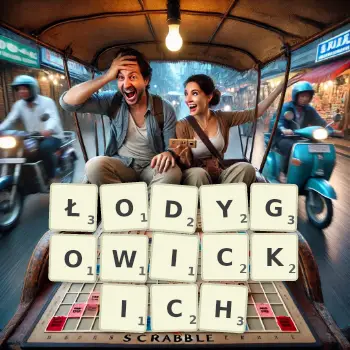 Kreatywna ilustracja do gry w Scrabble ze słowem ŁODYGOWICKICH ułożonym z płytek na planszy.