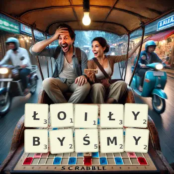 Kreatywna ilustracja do gry w Scrabble ze słowem ŁOIŁYBYŚMY ułożonym z płytek na planszy.