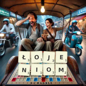 Kreatywna ilustracja do gry w Scrabble ze słowem ŁOJENIOM ułożonym z płytek na planszy.