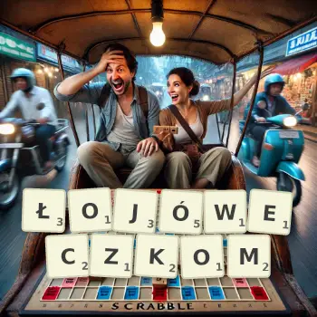 Kreatywna ilustracja do gry w Scrabble ze słowem ŁOJÓWECZKOM ułożonym z płytek na planszy.
