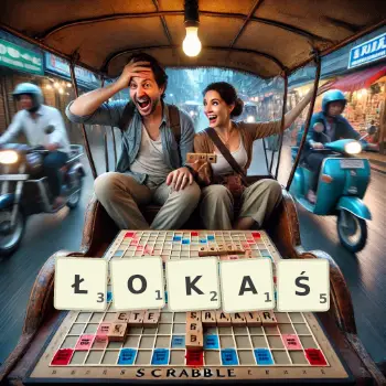 Kreatywna ilustracja do gry w Scrabble ze słowem ŁOKAŚ ułożonym z płytek na planszy.