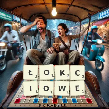 Kreatywna ilustracja do gry w Scrabble ze słowem ŁOKCIOWE ułożonym z płytek na planszy.